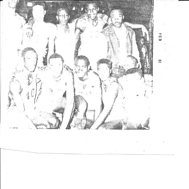 1961 Basketball Team (Botom Row Left to Right) Marcus Jackson, Unknown, Samuel Stevens, Calvin Hearns, Earnest Moran, Unknown; (Top Row Left to Right)Ledrew Stewart, Curtis McCarty, A.B. Partman, James Daniel Haynes, & Coach C.J. Moore